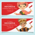 Indonesia Independence Day Banner, Indonesia Boys Holding Flag. Cartoon Vector Design