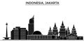 Indonesia, Jakarta architecture vector city skyline, travel cityscape with landmarks, buildings, isolated sights on