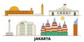 Indonesia, Jakarta flat landmarks vector illustration. Indonesia, Jakarta line city with famous travel sights, skyline