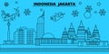 Indonesia, Jakarta winter holidays skyline. Merry Christmas, Happy New Year decorated banner with Santa Claus.Indonesia