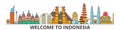 Indonesia outline skyline, indonesian flat thin line icons, landmarks, illustrations. Indonesia cityscape, indonesian