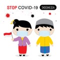 Indonesia People to Wear National Dress and Mask to Protect and Stop Covid-19. Coronavirus Cartoon Vector for Infographic.
