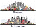 Indonesia and Russia City Skylines with Color Buildings Isolated on White Royalty Free Stock Photo