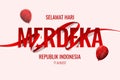 Indonesia independence day merdeka text decorated with flags and balloons