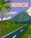 Indonesia travel poster with volcano mountain, paddy field, and coconut palm tree illustration, vintage retro style