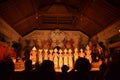 Indonesian actors and dancers thank the audience after a typical barong dance performance in Ubud theatre in Bali, Indonesia