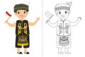 Indonesian Boy Wearing Dayak Traditional Dress. Outline Cartoon Vector for Coloring Page