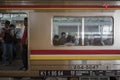 Indonesian commuters wait inside the cars at the station in Jakarta