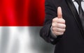 Indonesian concept. Businessman showing thumb up on the background of flag of Indonesia