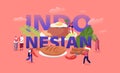 Indonesian Cuisine Concept. Tiny Male and Female Characters Tourists and Native Dwellers Eating and Cooking