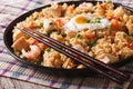 Indonesian cuisine: nasi goreng with chicken, shrimp and vegetab