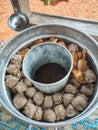Indonesian culinary snack, a variant of meatballs in a pan cooked and sold around the house. The snack usually called pentol or