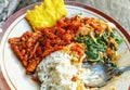 Indonesian Delights: Nasi Pecel with Crispy Fried Tempeh on a Plate Royalty Free Stock Photo