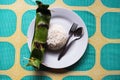Indonesian dish PEPES IKAN closed in banana leaf - top view with rice