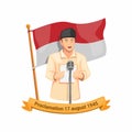Indonesian first president bung karno speech proclamation in 17 august 1945. independence day celebration symbol in cartoon illust