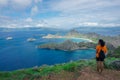 Indonesian girl on Padar island in the waters of the Komodo Islands Royalty Free Stock Photo