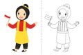 Indonesian Girl Wearing Aceh Traditional Dress. Outline Cartoon Vector for Coloring Page