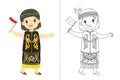 Indonesian Girl Wearing Dayak Traditional Dress. Outline Cartoon Vector for Coloring Page