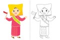 Indonesian Girl Wearing Padang Traditional Dress. Outline Cartoon Vector for Coloring Page