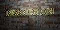 INDONESIAN - Glowing Neon Sign on stonework wall - 3D rendered royalty free stock illustration