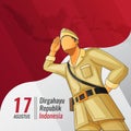 Indonesian independence greetings card with a hero doing saluting stand