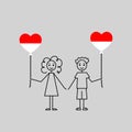 indonesian children, love Indonesia sketch, girl and boy with a heart shaped balloons, black line vector illustration Royalty Free Stock Photo