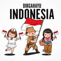 Doodle cute kids hold indonesian flag. dirgahayu indonesia mean happy independence day of indonesia Royalty Free Stock Photo