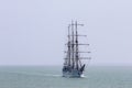 The Indonesian Navy sail training vessel KRI Dewaruci in the middle of javanesse ocean, north Madura, Indonesia. Surabaya, Royalty Free Stock Photo