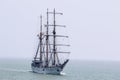 The Indonesian Navy sail training vessel KRI Dewaruci in the middle of javanesse ocean, north Madura, Indonesia. Surabaya, Royalty Free Stock Photo