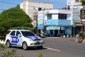 Indonesian police patrol vehicles are parked at the crossroads Royalty Free Stock Photo