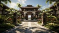 Indonesian residence complex with palm trees and blue sky