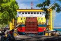 Indonesian transport cargo ship big ferry boat commits plying routes between the tropical islands Bali