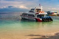 Indonesian transport cargo ship big ferry boat commits plying routes between the tropical islands of Indonesia