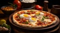 Delicious Pizza With Fried Eggs And Tomato On A Wooden Platter