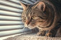 Indoor antics Arrogant tabby cat near window blinds, playful indoors