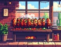 Indoor Barbecue Scene with Skewered Meat Cooking Royalty Free Stock Photo