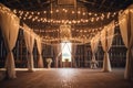 Indoor barn wedding with string lighting to celebrate marriage in a rustic setting. Generative AI