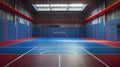 Indoor Basketball Court with Blue Ceilings and Red Walls in 32k UHD