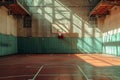An indoor basketball court showcasing a basketball hoop, ready for intense gameplay, A basketball gym with homage to the greats,