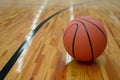 indoor basketball resting on polished wood floor