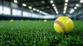 An indoor batting cage illuminated with softballs, emphasizing athletic competition, accuracy, and training Royalty Free Stock Photo