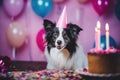 Indoor birthday: collie wearing a party hat with cake and balloons Royalty Free Stock Photo