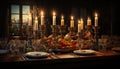 Indoor celebration candlelight, wine, food, decoration, spirituality, luxury, elegance generated by AI