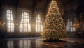 Indoor celebration Christmas tree, illuminated window, Christmas lights, decoration generated by AI