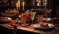 Indoor celebration table adorned with candle, food, drink generated by AI