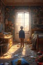 Indoor a child standing in a very messy room, scattered belongings