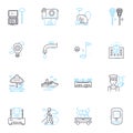 Indoor cleaning linear icons set. Dusting, Sweeping, Mopping, Scrubbing, Vacuuming, Polishing, Disinfecting line vector