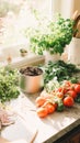 Indoor compost setup with fresh vegetables and herbs on kitchen counter Royalty Free Stock Photo