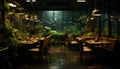 Indoor dining, surrounded by nature, enjoying seafood in elegant decor generated by AI