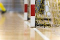 Indoor Football Goal With Yellow Net. Red and White Soccer Goal Post. Futsal White Sideline